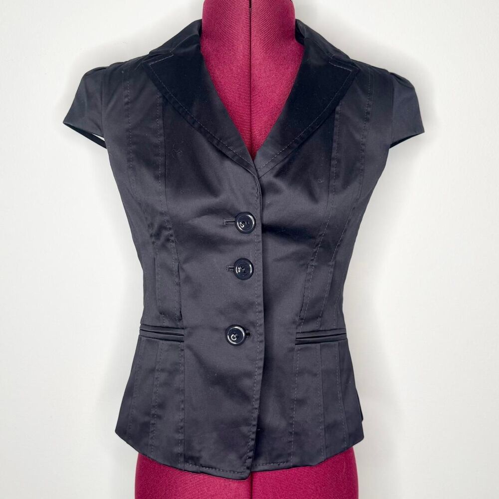 Vintage Y2K Ann Taylor Short Sleeve Navy Blue Blazer Shirt Petite Stretch 0P